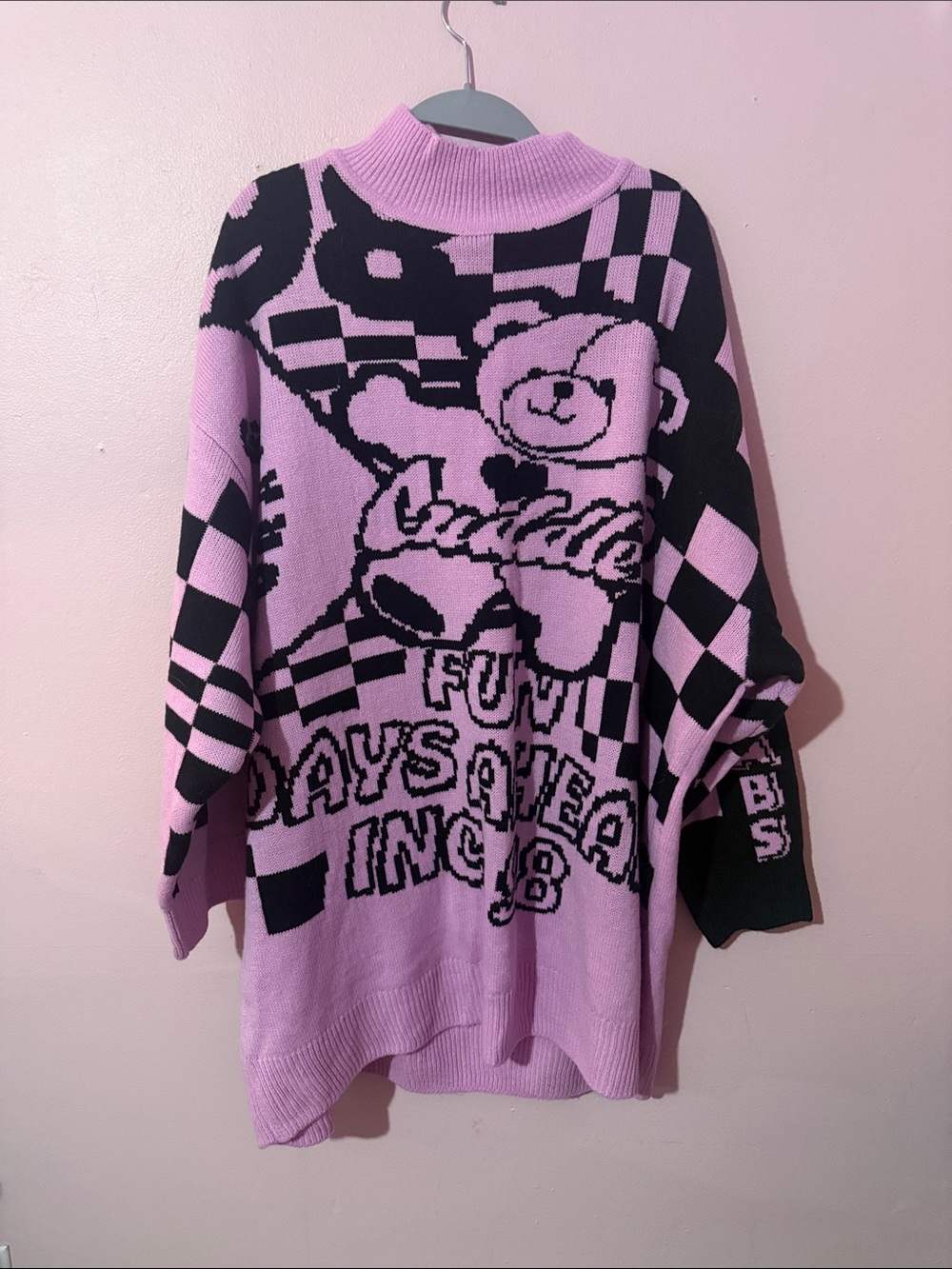 H&M Lavender and Black Teddy Graphic Knit Turtleneck Sweater